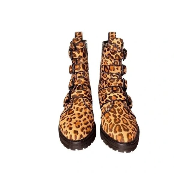 🐆 Dolce Vita Leopard Print Hair Combat Boots w/ Buckle Straps SZ 7 - Picture 2 of 9